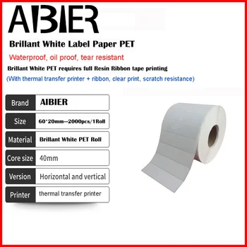 AIBIER Veekindel Paber 60x20mm*2000pcs/1Roll termosiiret Tühi Brillant Valge PET Ean-Liim Trükitud Etikett, Kleebis