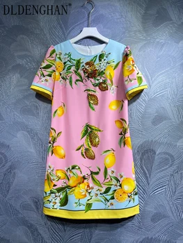 DLDENGHAN primavera Naiste Kleit O-Kaeluse, Lühikeste Varrukate Kristall, Teemandid Lemon Print Elegantne Poole Mini Kleidid Moe Uus