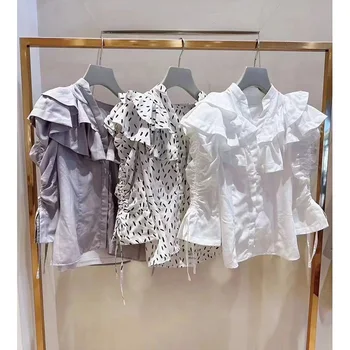 DUTRIEUX Jaapani Ruffle Lace Up Camisas De Mujer 2023 Kevadel Polka Dot Nöör-Särgid Värviga V Kaela Põletatud Varrukad Pluus