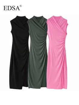 EDSA Naiste Elegantne Pikk Draped Paigaldatud Kleit Surplice Kaeluse, Lühikeste Varrukate Pool Kõrge Vöökoht Sale Naine