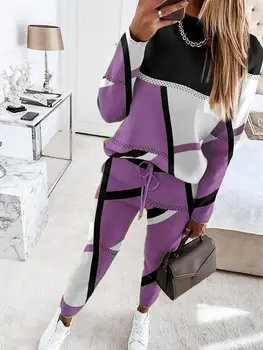 Hong Kong Stiilis Retro Naiste 2023 Uute Kaks rõivakomplekti Mood Colorblock Trükitud Pikad Varrukad Meeskonna Kaela Vabaaja Naiste Ülikond