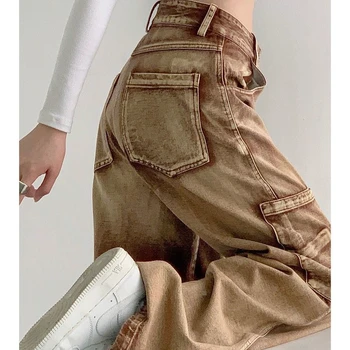 Kõrge vöökoht pruun naiste lahtised instrumentaarium teksad 2021 talve mood Y2K sirge jalg denim püksid retro lahti kõrge vöökoht ema teksad
