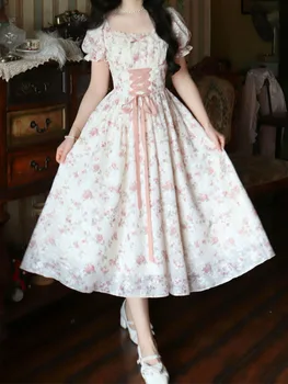 Õie Kleidid Naiste Lühikesed Varrukad prantsuse Vintage Stiilis Kleit Fairycore Puhvis Varrukad Lukuga 2023 Uus Kevad-Suvine Kleit
